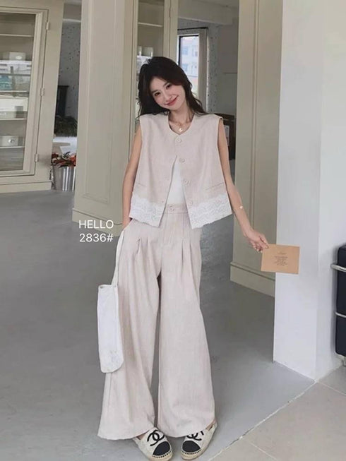 Women Classy Sleeves Lace Border Vest With Trouser Sets